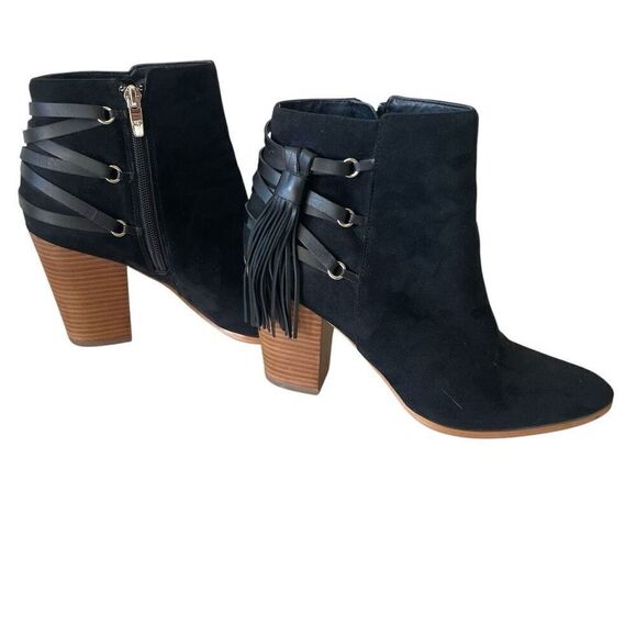 Marc Fisher Black Suede Brown Heeled Booties Boots Shoes Women’s Sz 10 M Fringe - Picture 3 of 6